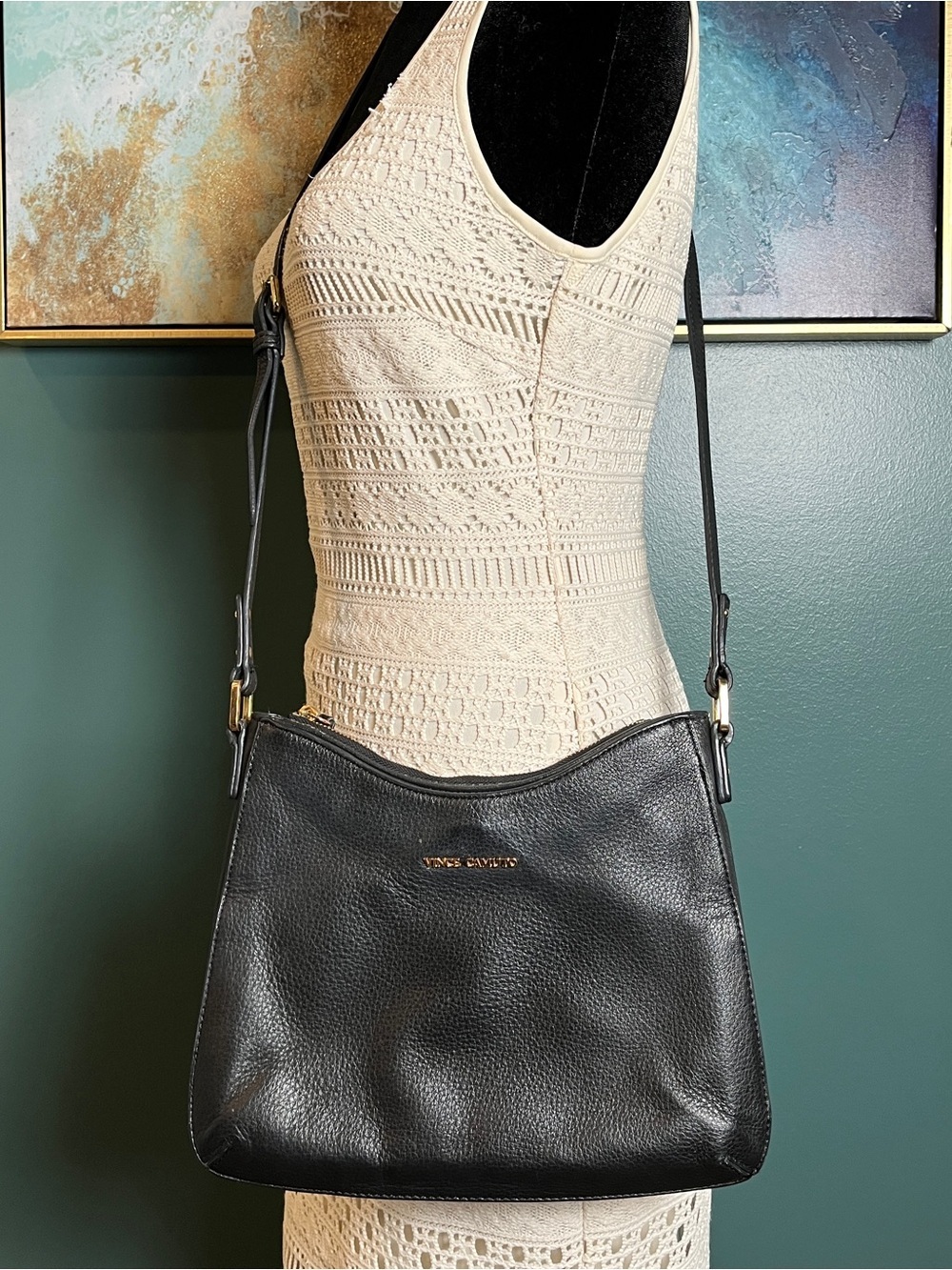 Vince Camuto Black Pebbled Leather Crossbody with Gold Logo